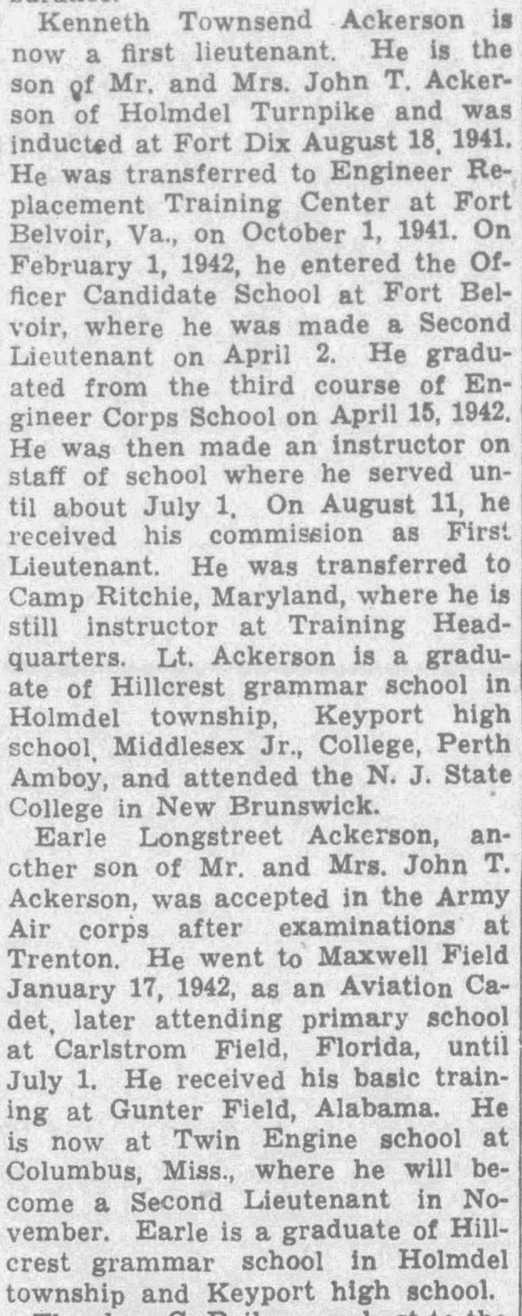 The Daily Register (Red Bank, N.J.), 1 October 1942 — Kenneth T. Ackerson service timeline / Camp Ritchie (RB Archive).