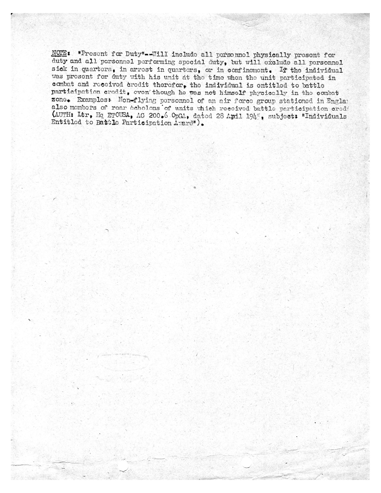 Ardennes memo reverse — Present for Duty note.