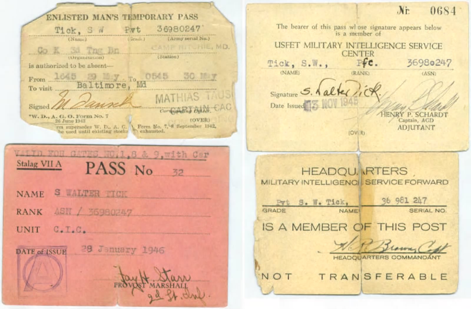 Army passes for S. Walter Tick (Oberursel / CIC-related; RB Archive).