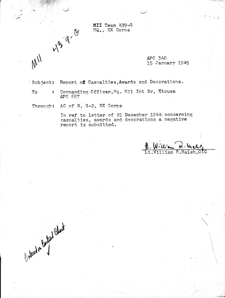 Negative casualties/awards report, 15 January 1945.