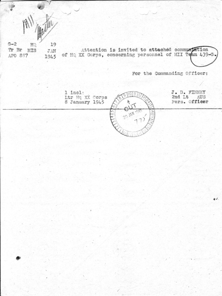 MIS transmittal, 19 January 1945 — XX Corps letter on personnel.