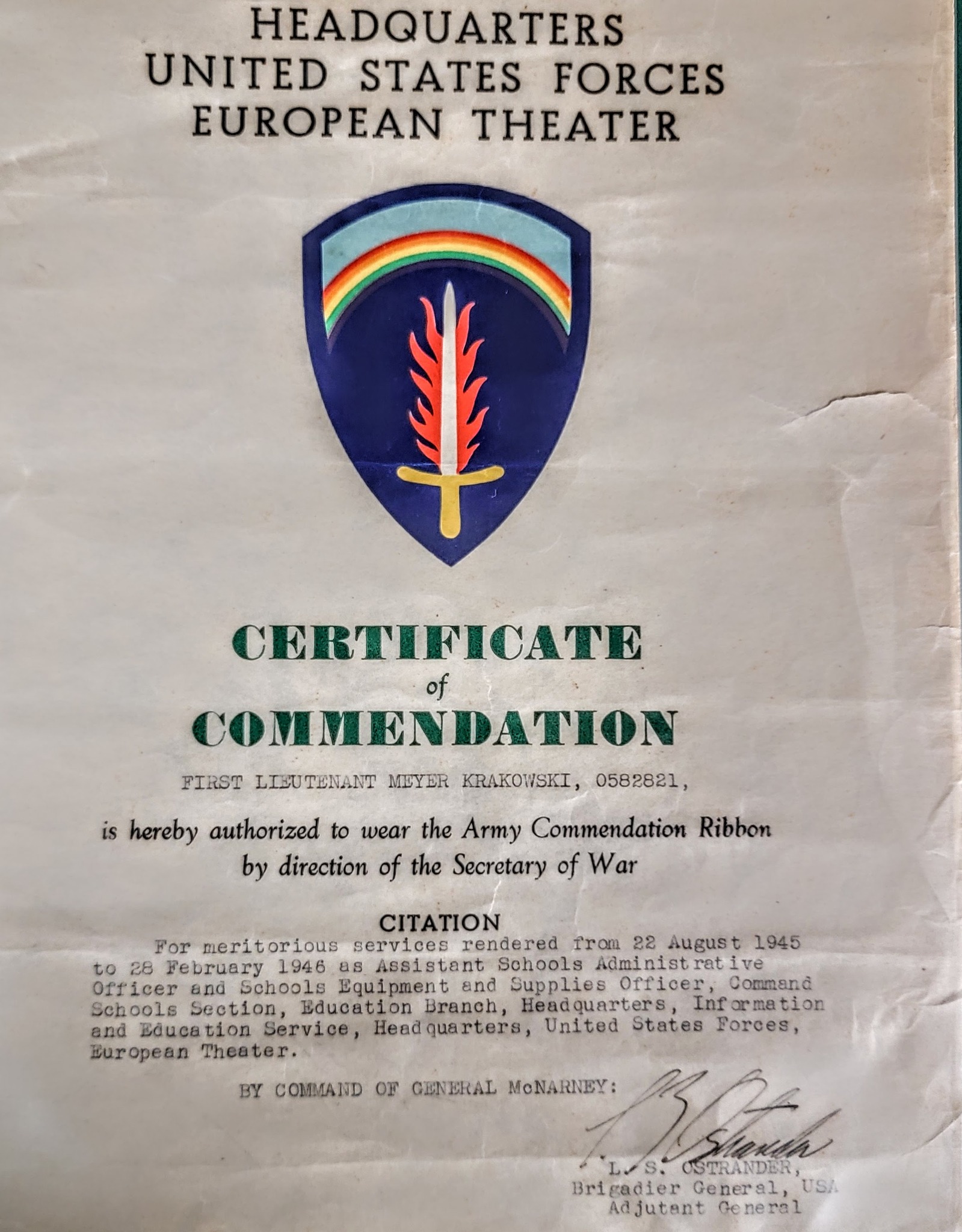Army Commendation certificate for First Lieutenant Meyer Krakowski (RB Archive)
