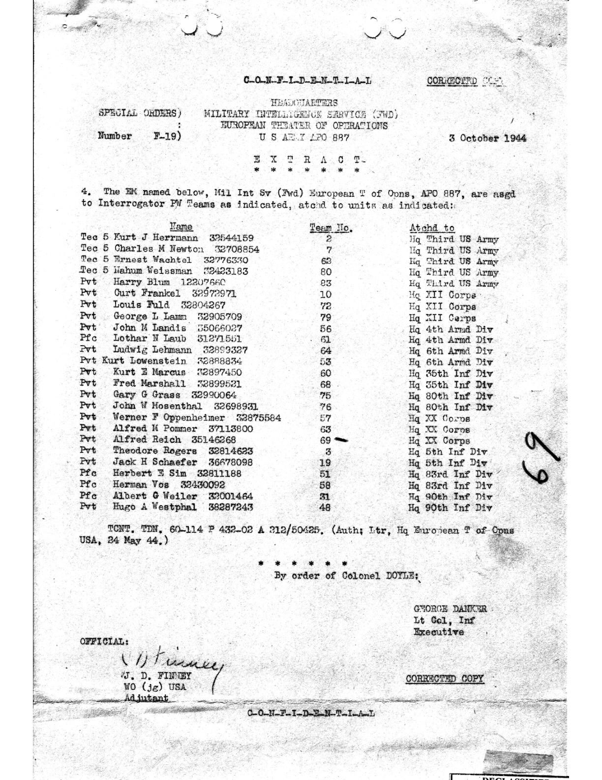 MIS SO F-19, 3 Oct 1944 — assigned IPW Team 2.