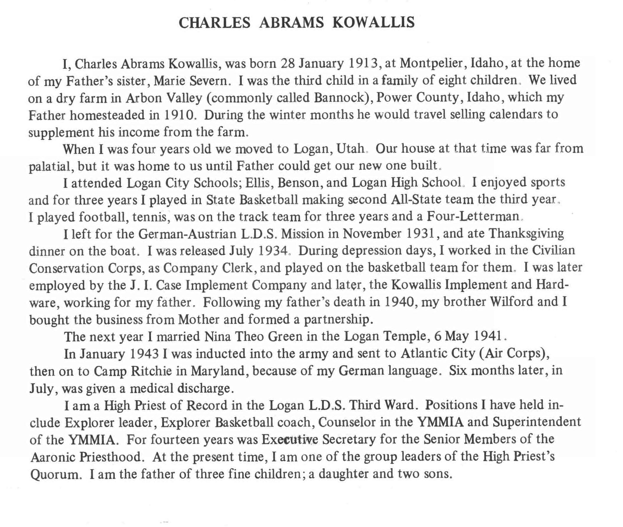Typed autobiographical summary mentioning Camp Ritchie (RB Archive FL14689312 scan)