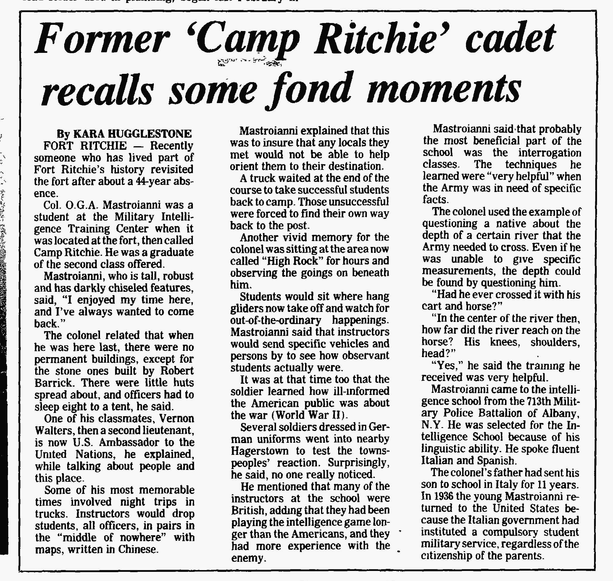 Gettysburg Times, 26 July 1986 — Col. O. G. A. Mastroianni recalls Camp Ritchie Class 2.