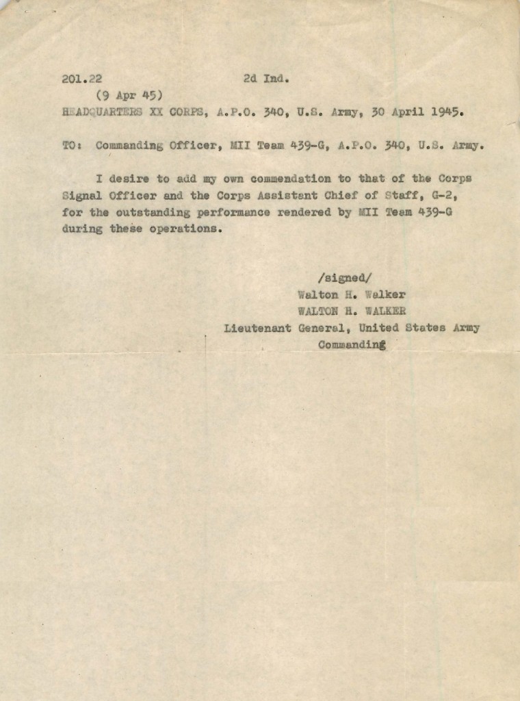 CG Walker commendation for MII 439-G.