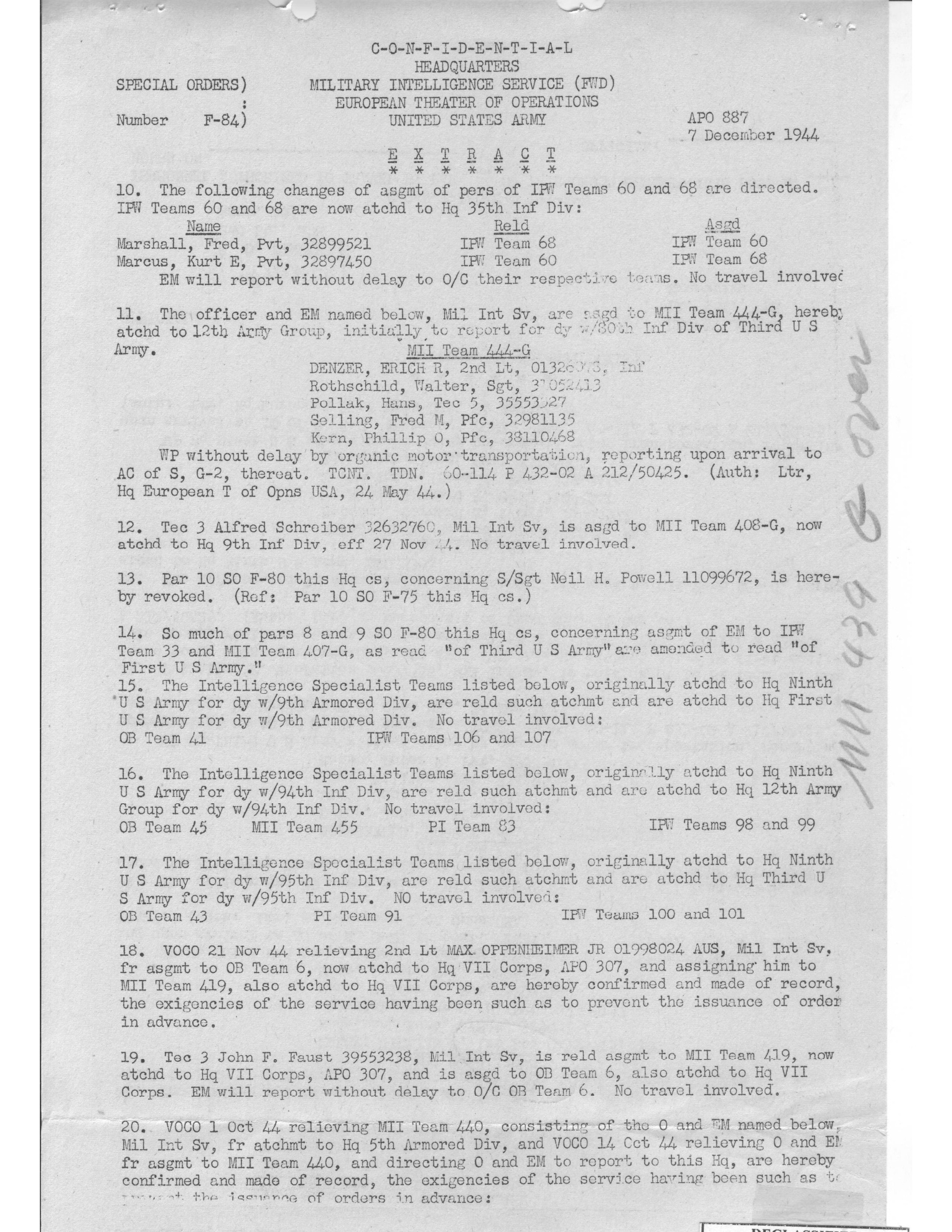 SO F-84 page 1 EXTRACT, 7 Dec 1944 (“MII 439 G over”).
