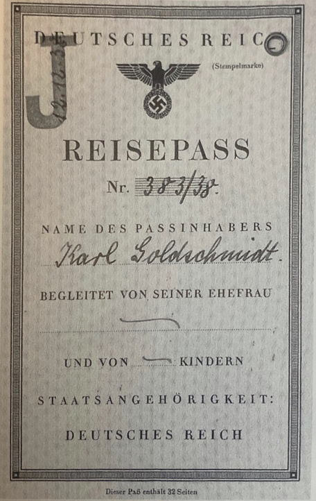 Karl Goldsmith’s German passport, stamped with a red J for Juden. Karl Goldsmith