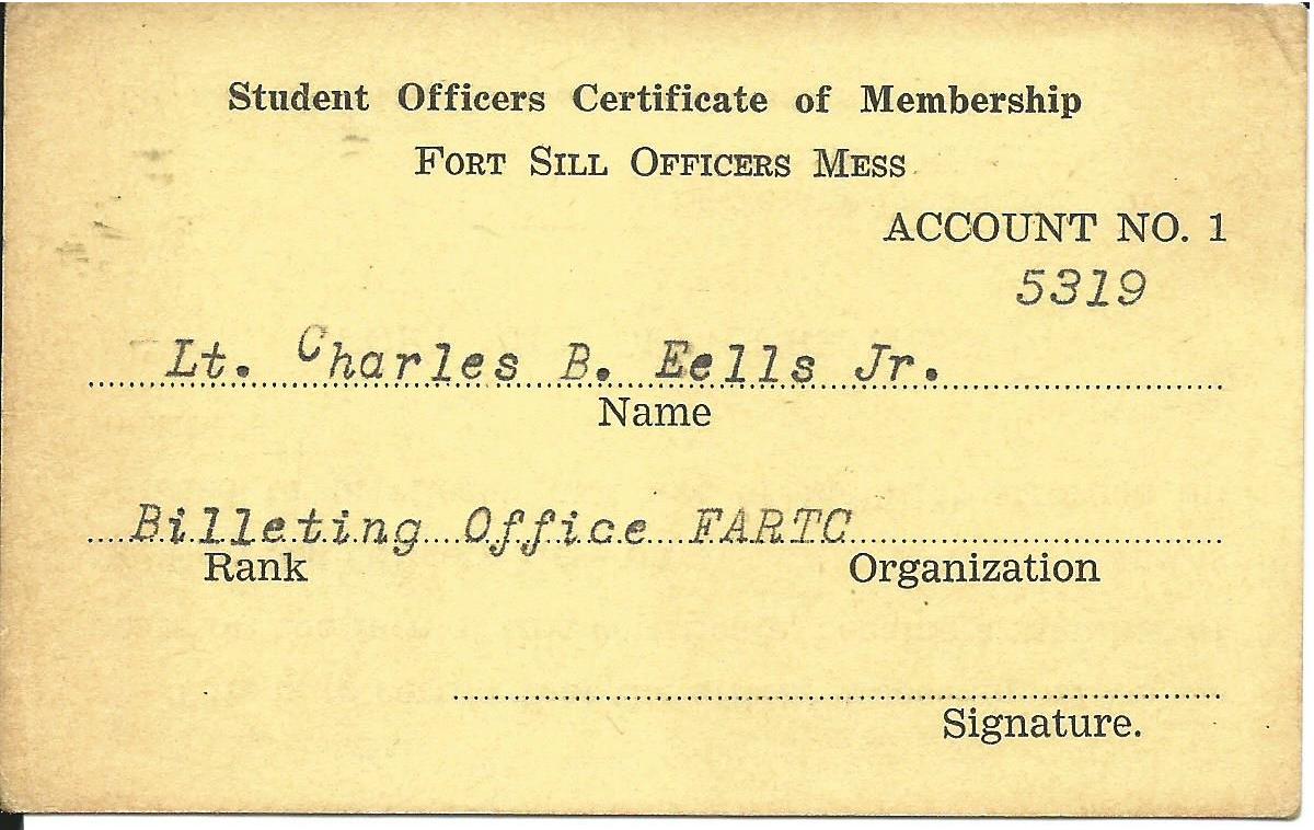 Fort Sill officers meal card, page 1 (RB Archive)