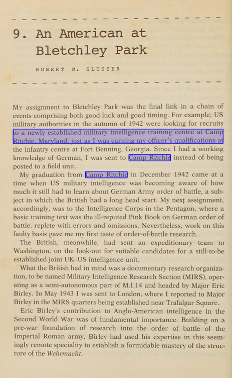 Page scan from Codebreakers citing Camp Ritchie / Slusser (RB Archive; Internet Archive).