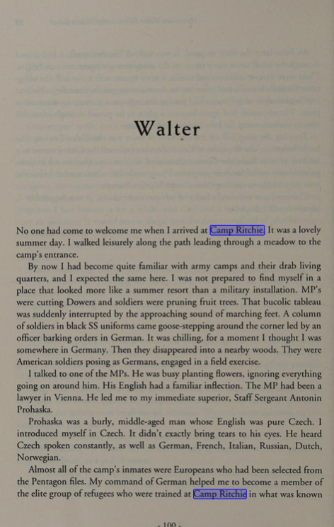 Memoir page: Walter’s arrival at Camp Ritchie.