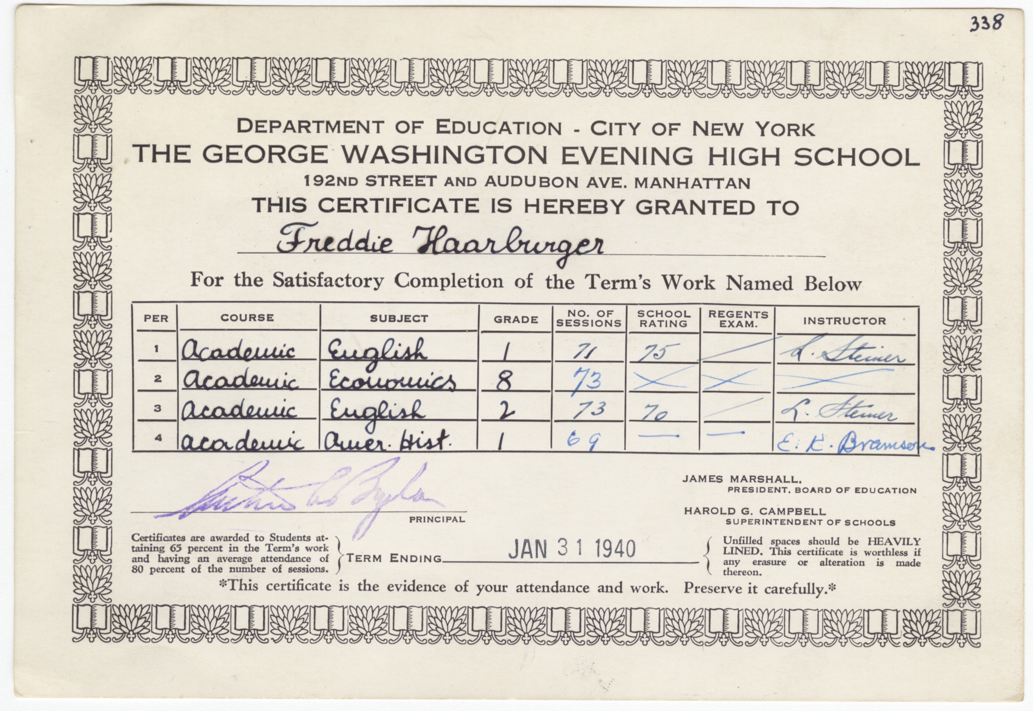 George Washington Evening High School certificate, January 1940 (as Freddie) (RB Archive).