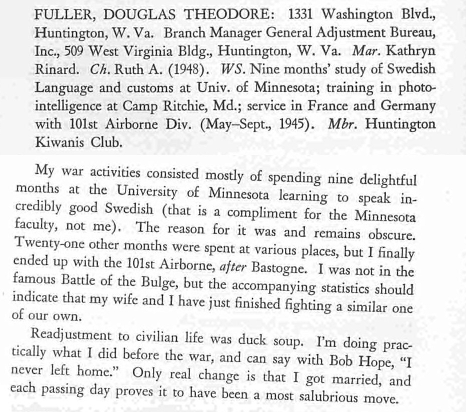 Postwar biographical / yearbook entry for Douglas Theodore Fuller (text only; RB Archive 3310030_000162)