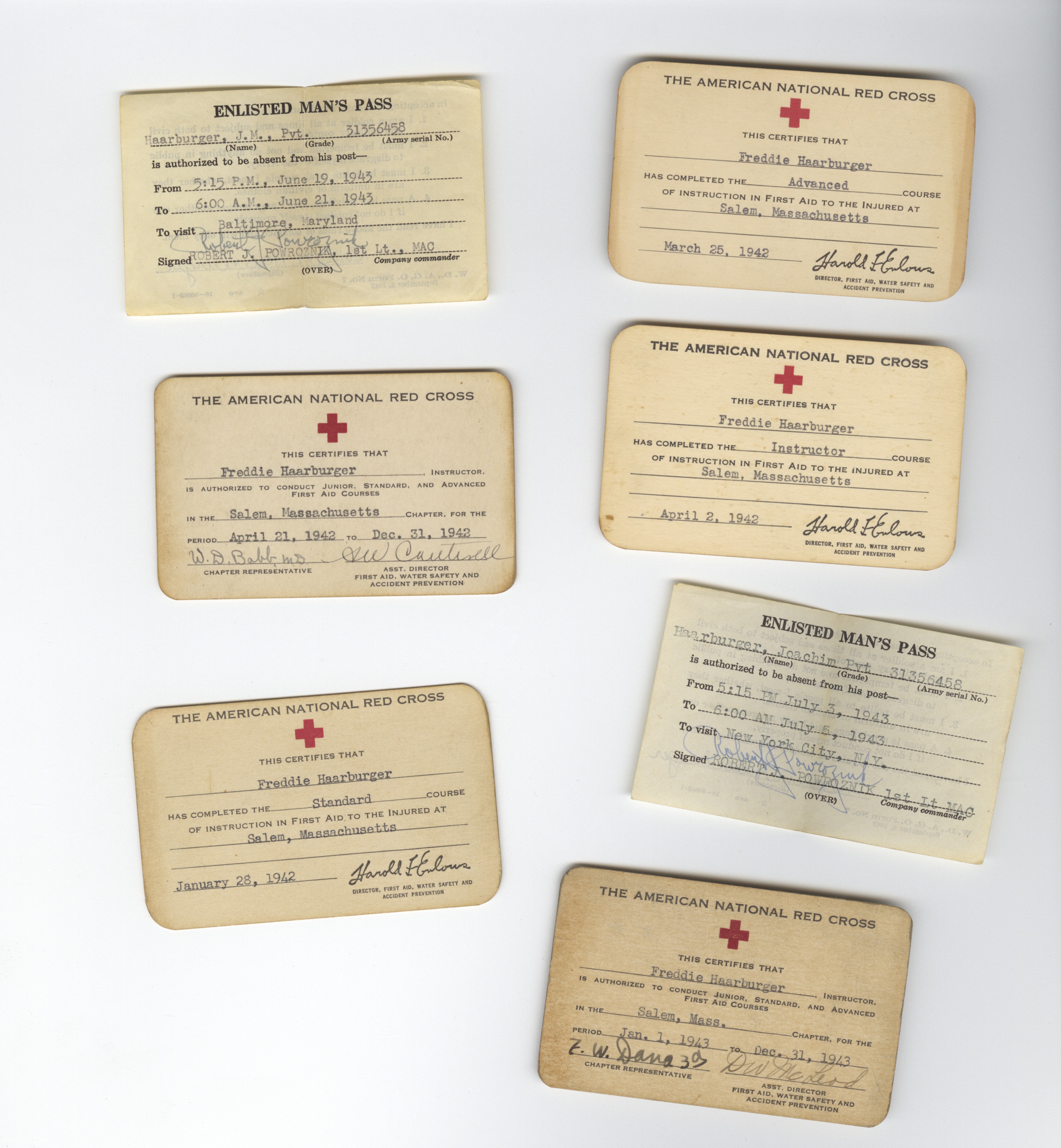 American Red Cross first-aid certificates for Freddie Haarburger, Salem, Massachusetts, 1942 (RB Archive).