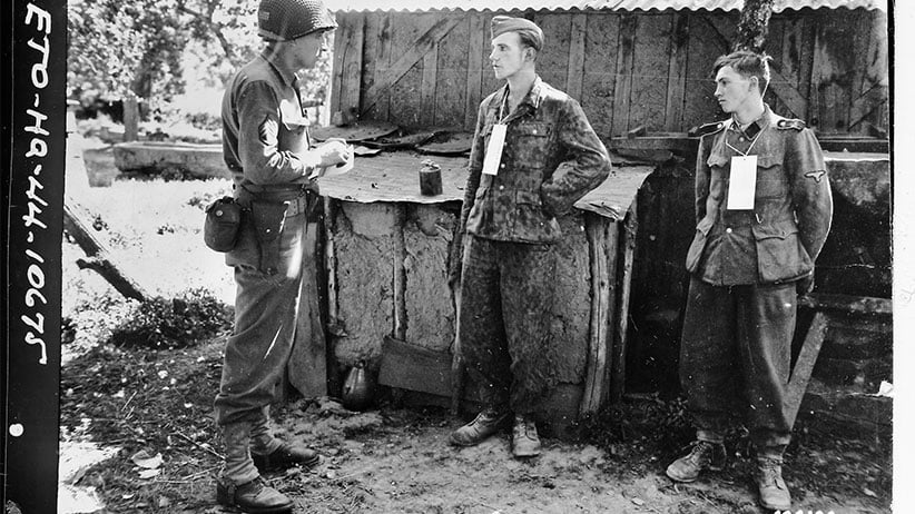 and say they can have it if they cooperate.' 3) 'Play on their like and inclinations.' 4) 'Find out his anxieties and fears and make him think they will soon become a reality.' In the photo below, Ritchie Boy Martin Selling is Martin Selling questions German prisoners near the front in France, 1944.